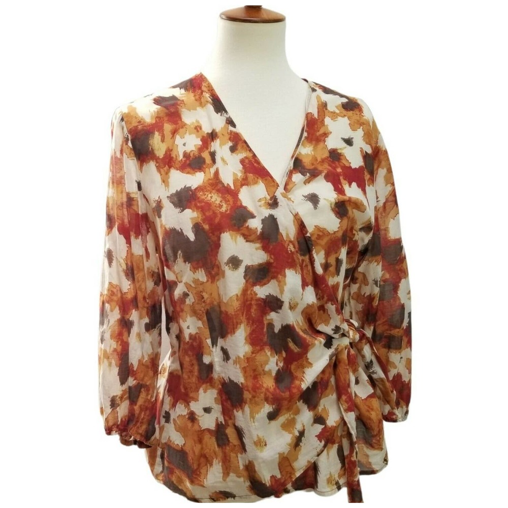J Jill Wrap Silk Bl Blouse Brown Orange Cream Color 3/4 Slv Semi Sheer Sz L